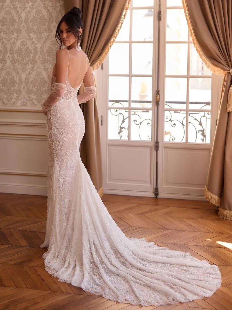 Brautkleid Vintage/Boho: Brautkleid Chantilly-spitze Perlen Glitzer Elegant