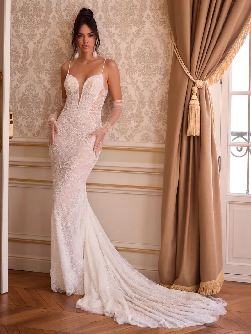 Brautkleid Vintage/Boho: Brautkleid Chantilly-spitze Perlen Romantisch Elegant