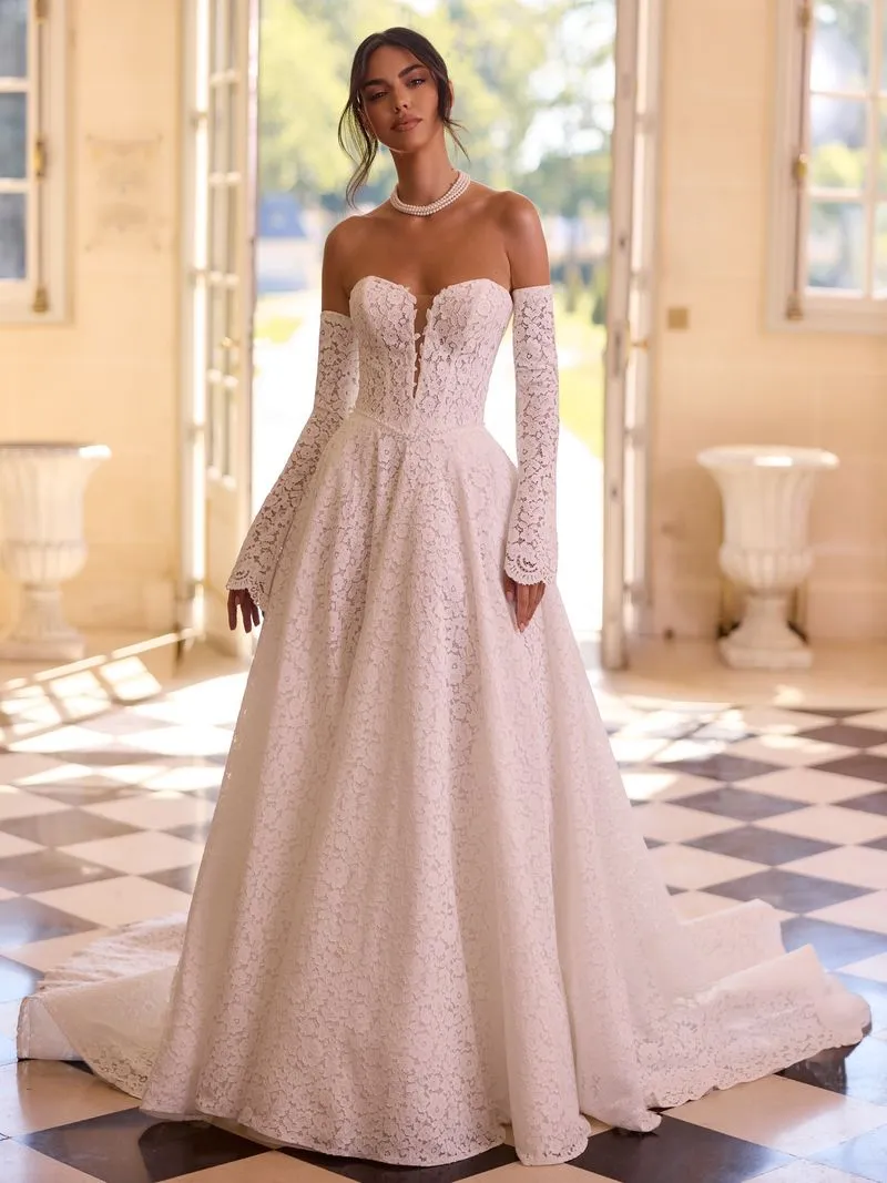 Brautkleid Vintage/Boho: Brautkleid Guipure-spitze Glitzer 2 Layer Plus Long Sleeve