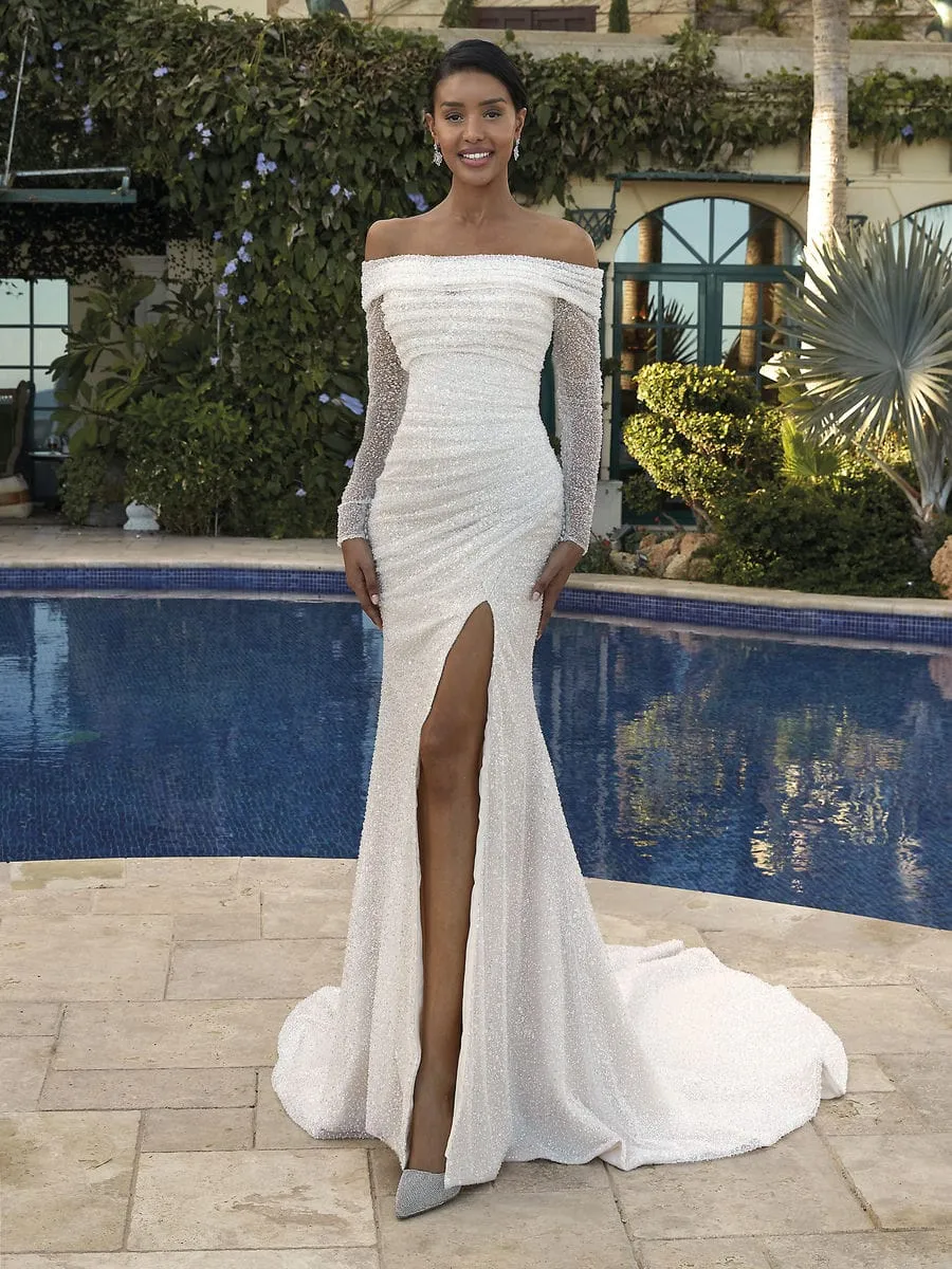 Brautkleid Luxusbraut: Brautkleid Ivory Style Glam Beading Tulle, Glitzer Tüll, Long Sleeves Sweetheart
