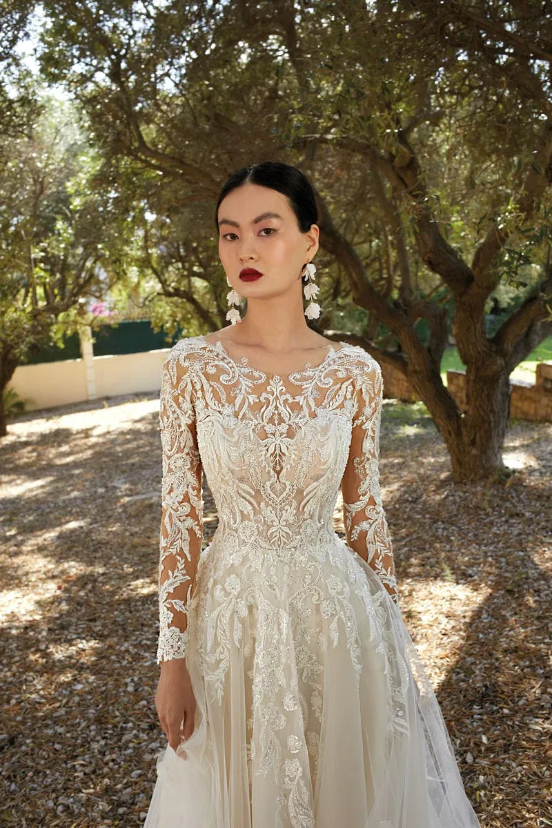 Brautkleid Luxusbraut: Romantic A Linie Ivory Natural Beading Lace Long Sleeves
