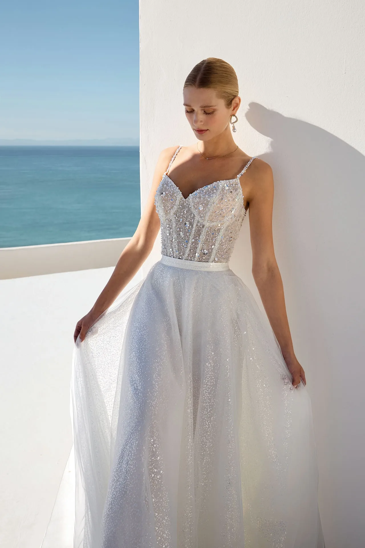 Brautkleid Mix and Match: Glam Body And Skirt Ivory Sheer Sparkling Tulle Beaded Lace