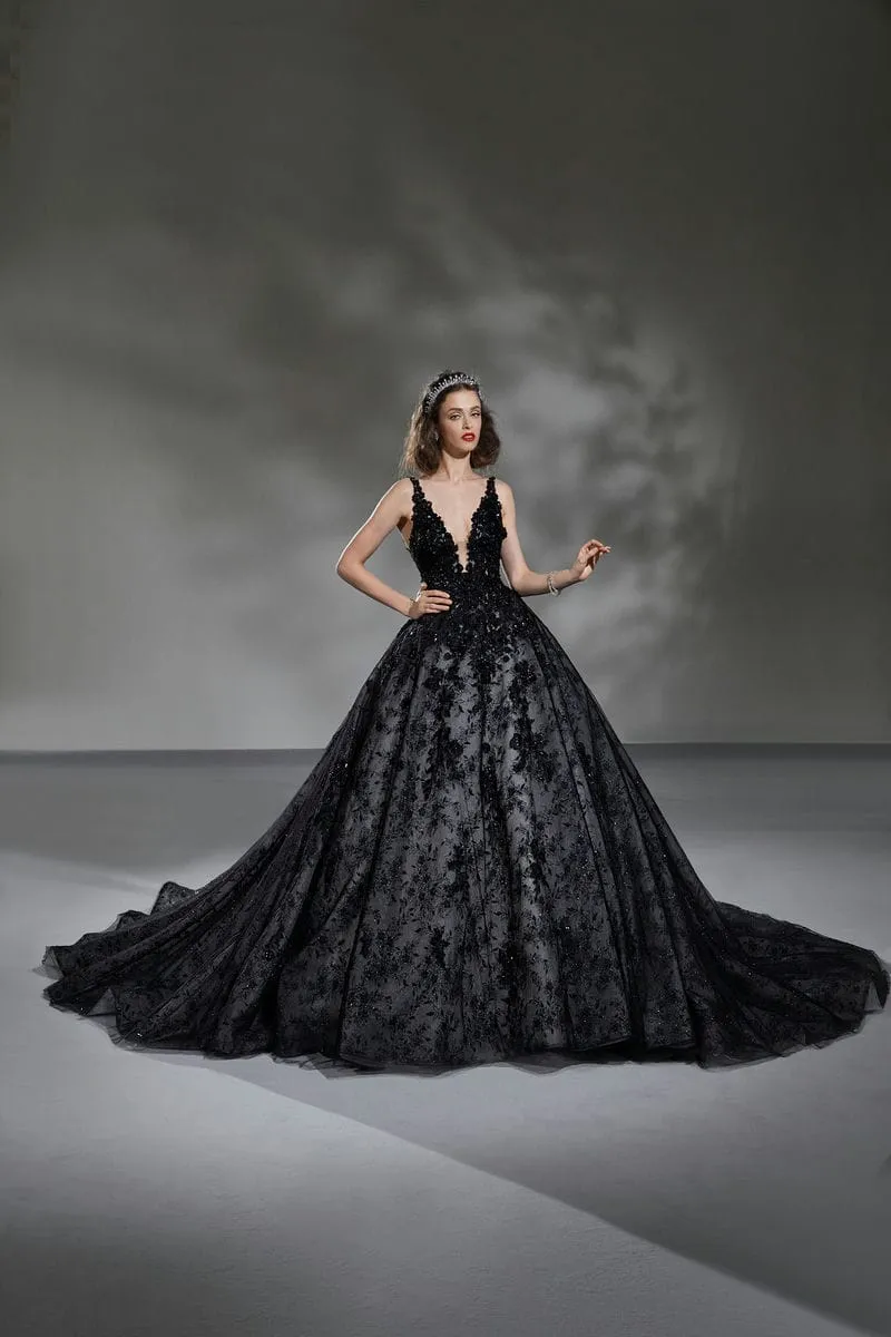 Schwarzes Brautkleid: Ball Gown Princess Beading Lace Tulle Black