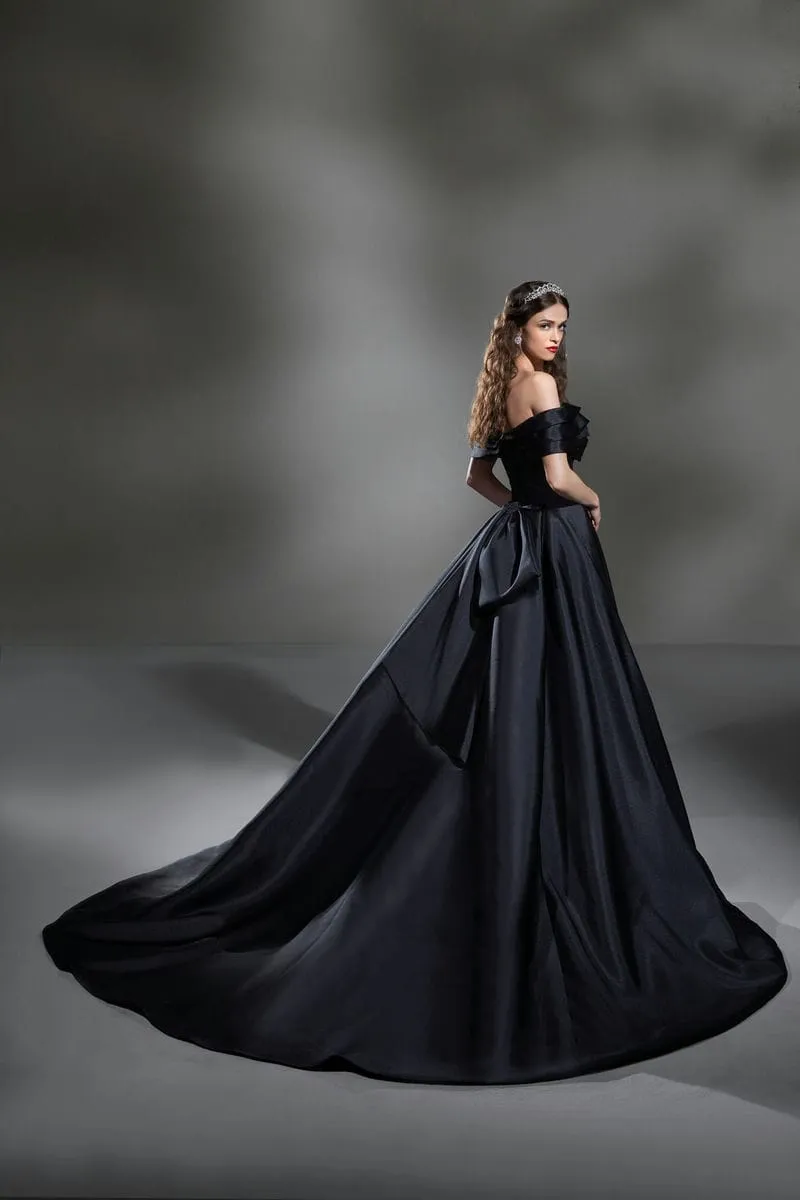 Schwarzes Brautkleid: Ball Gown Princess Black Mikado Full Back View