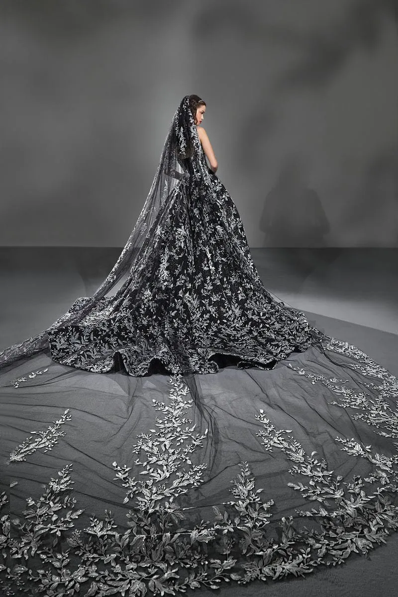 Schwarzes Brautkleid: Ballgown Princess Beading, Lace Sparkle Tulle 5m Schleier