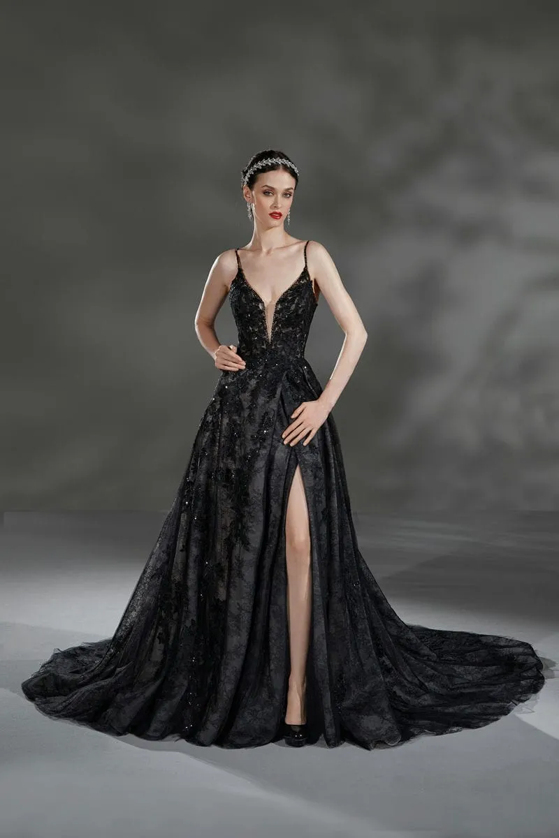 Schwarzes Brautkleid: Glam Princess A Linie Slit Spaghetti Straps V Neck