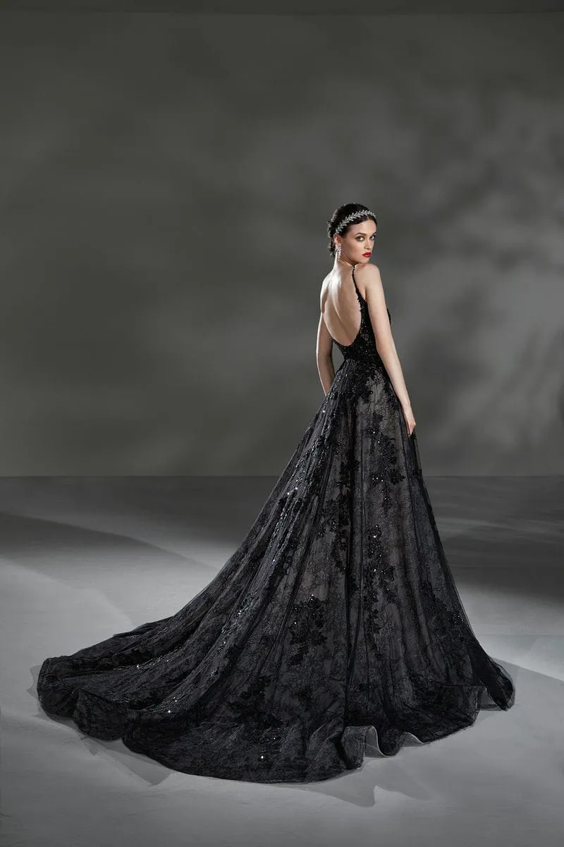 Schwarzes Brautkleid: Glam Princess Beading Lace A Linie Black Nude Natural