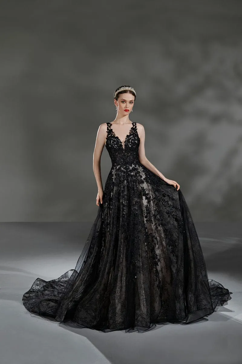 Schwarzes Brautkleid: Glam Princess Beading Lace Black Sheer Sleeveless V Neck Or Ivory Style 1235