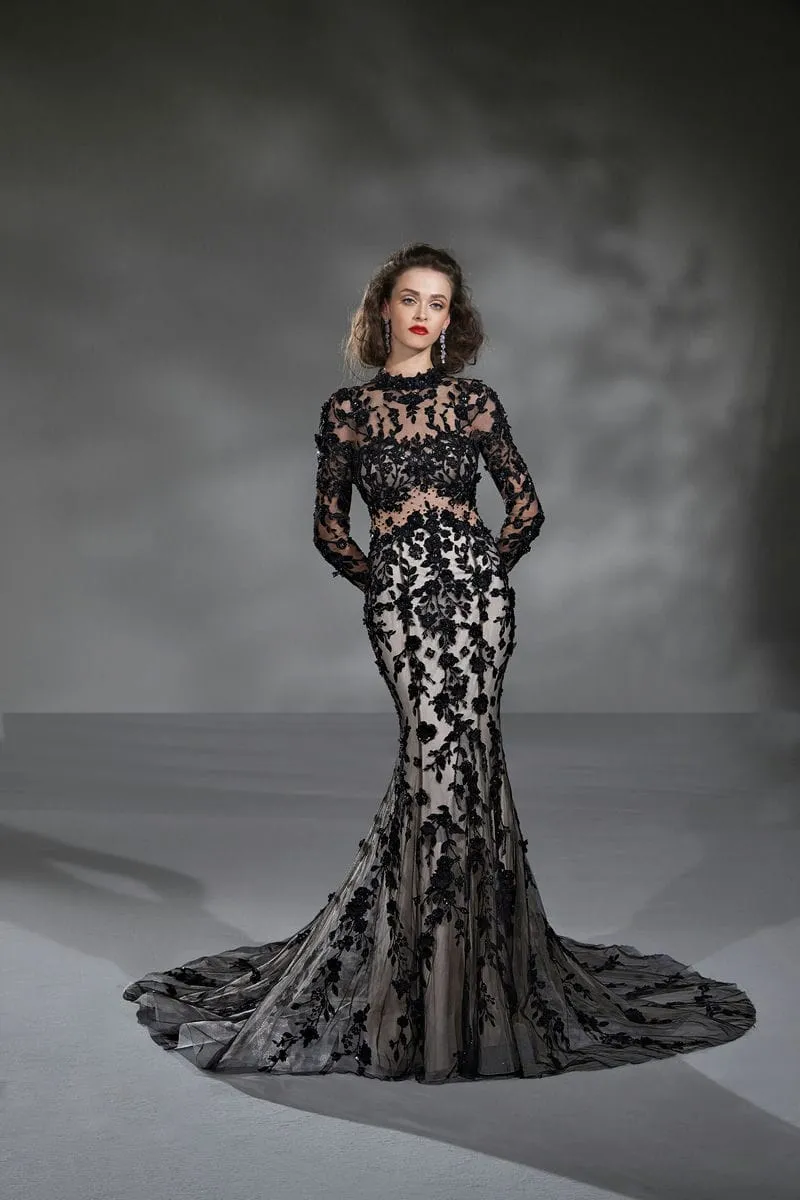 Schwarzes Brautkleid: Glam Romantic Flared Beading Lace Tulle Black Sheer Nude