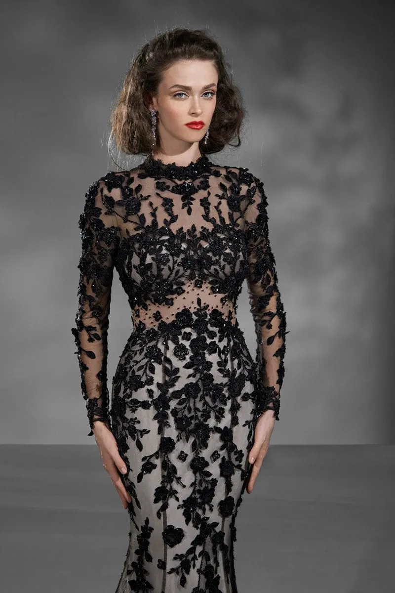 Schwarzes Brautkleid: Glam Romantic Flared Black Nude Natural High Neck Long Sleeves Sweetheart